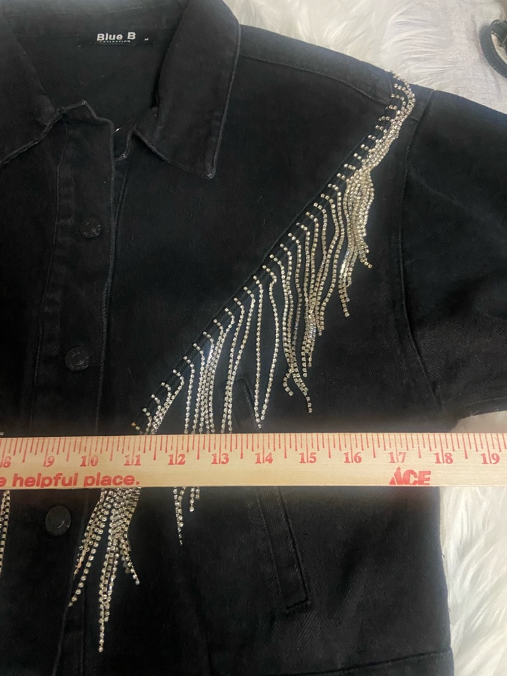 Blue B Sz M Washed Black Cropped Rhinestone Fringe Denim Jacket - Designer Style - Picture 8 of 15